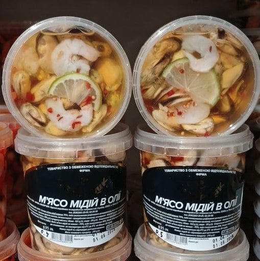 Мідії мариновані в олії з креветкою та лимоном стакан (Лазорчик) 500г