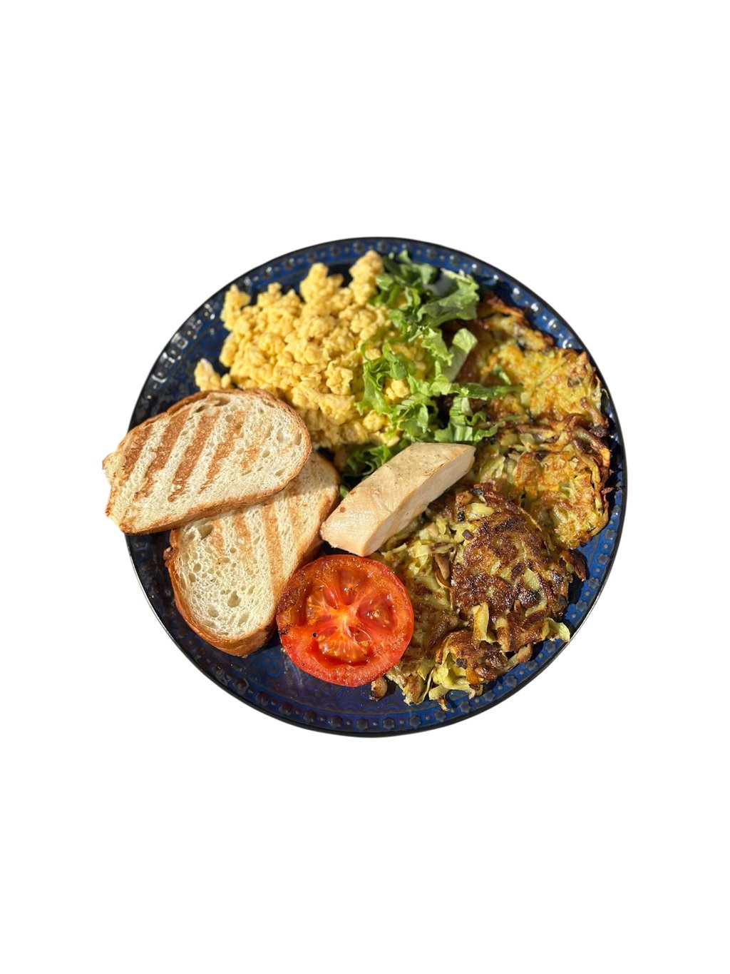 Картофельные Рёшти с грибами скремблом и куриным филе