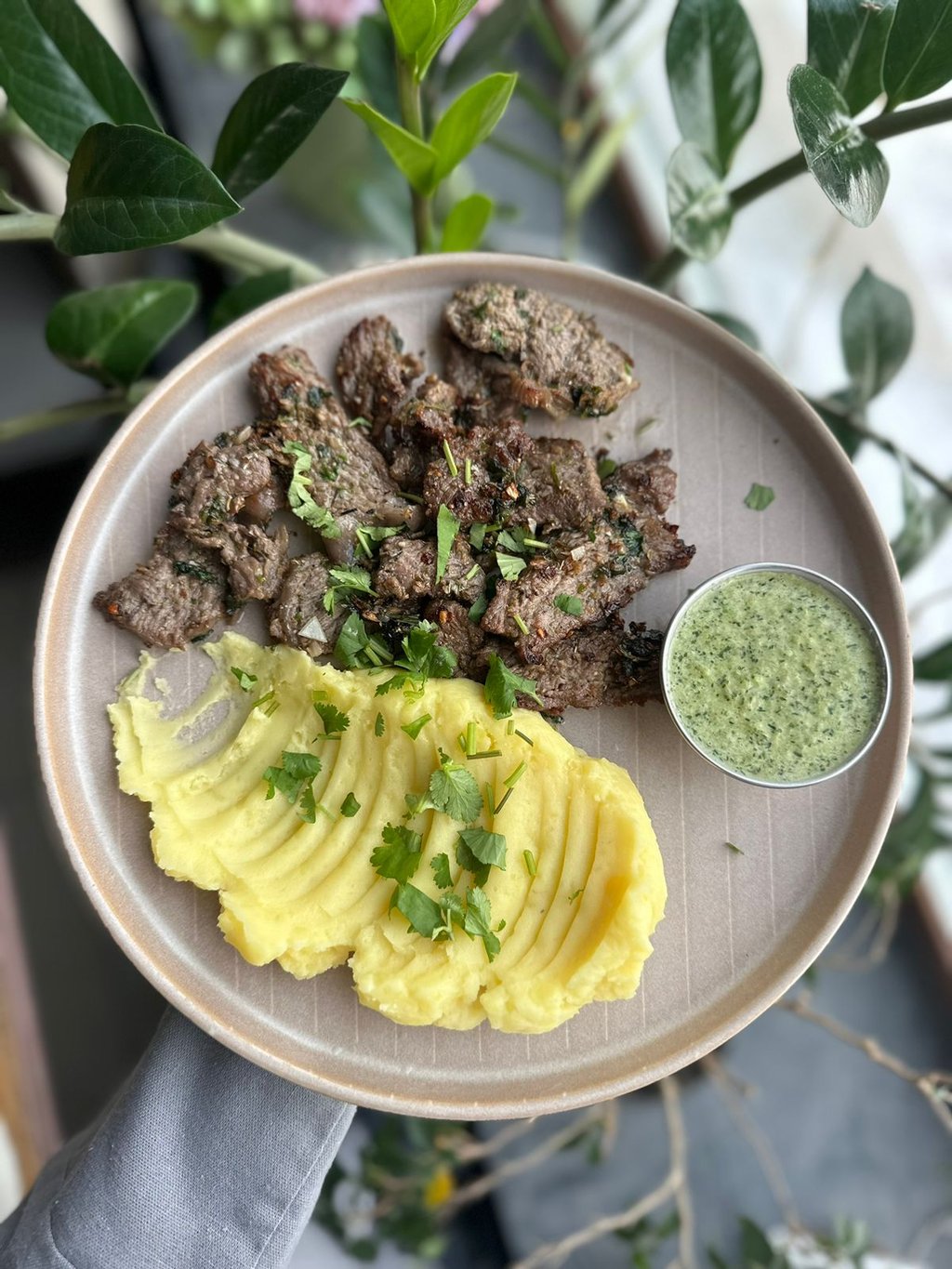 Говядина с соусом Чимичури и картофельным пюре