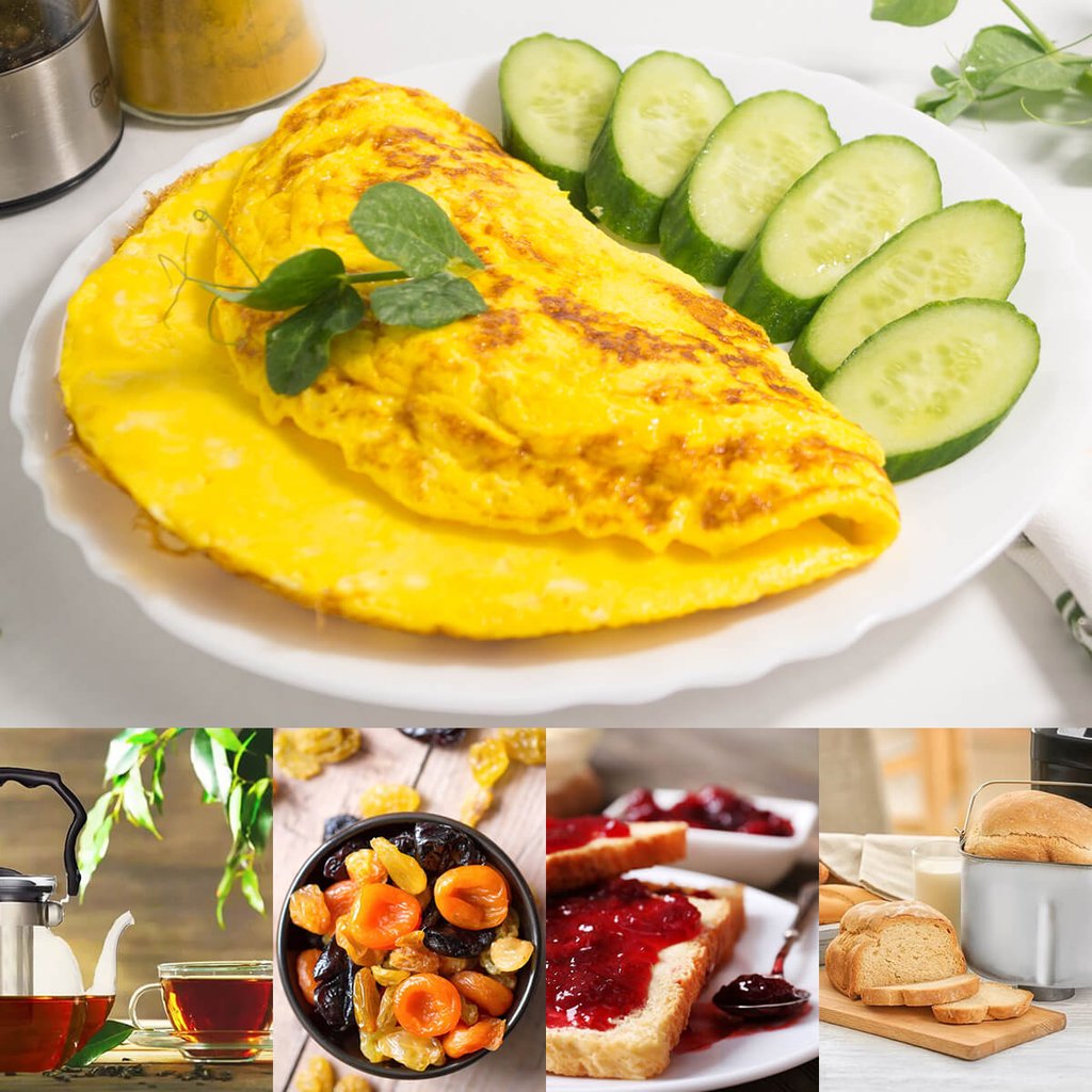 Breakfast 1: Omelette, homemade bread, tea, sweets - Завтрак 1: Омлет, домашний хлеб, чай, сладости