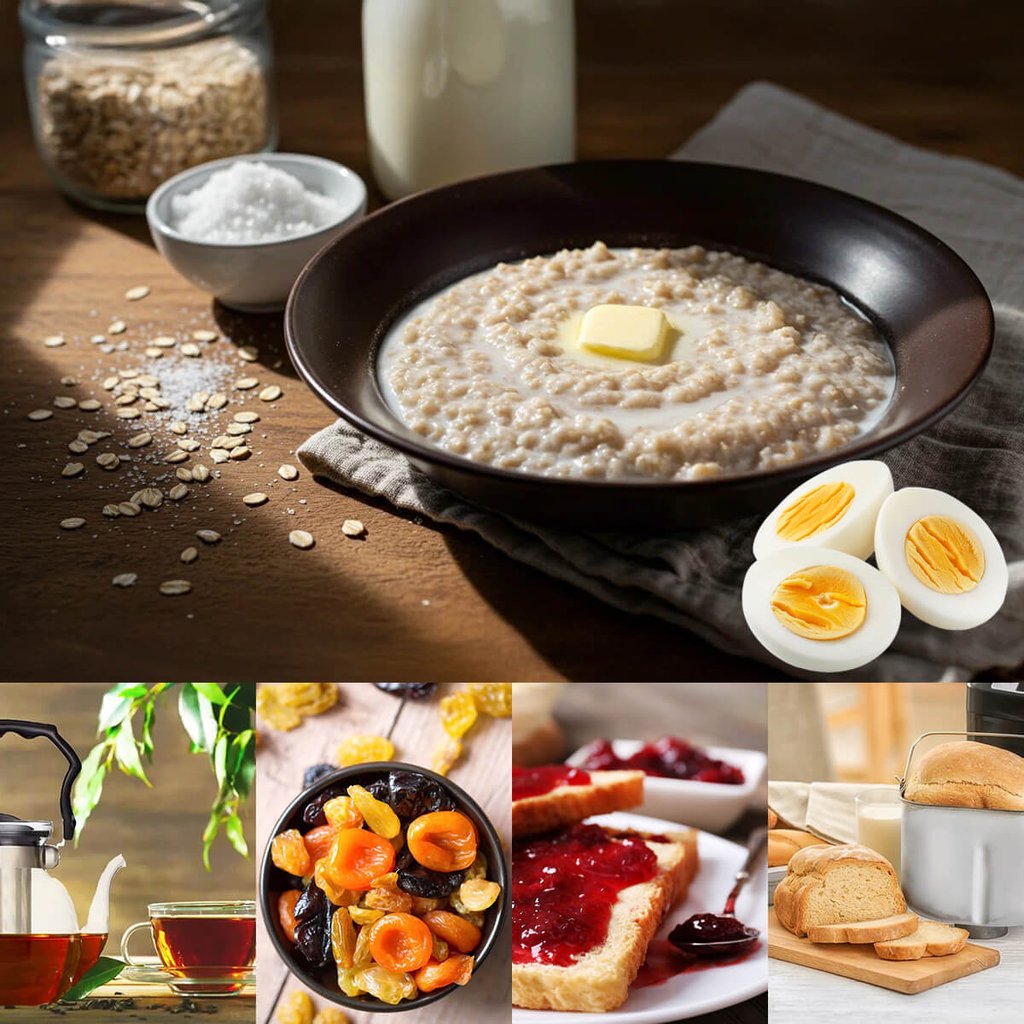 Breakfast 3: Oatmeal porridge, two boiled eggs, homemade bread, tea, sweets - Завтрак 2: Овсяная каша, два вареных яйца, домашний хлеб, чай, сладости