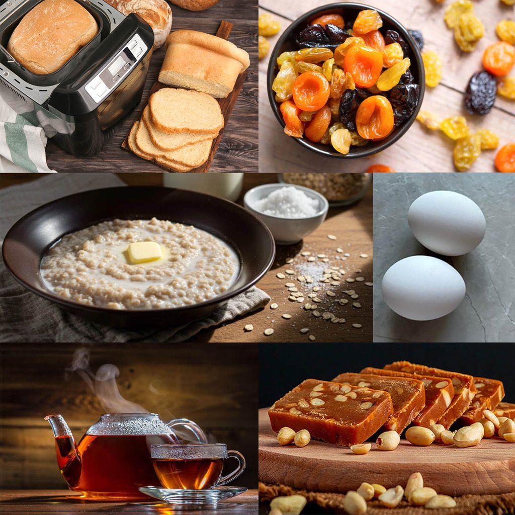 Breakfast 3: Oatmeal porridge, eggs, dried fruits, homemade bread, tea, dessert - Завтрак 3: Овсяная каша, яйца, сухофрукты, домашний хлеб, чай, десерт