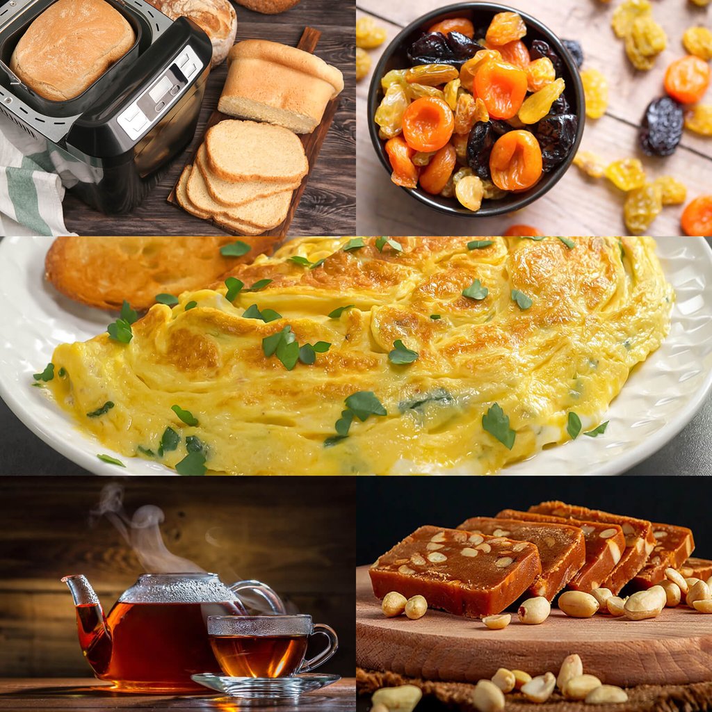 Breakfast 1: Omelette with vegetables and cheese, dried fruits, homemade bread, tea, dessert - Завтрак 1: Омлет с овощами и сыром, сухофрукты, домашний хлеб, чай, десерт