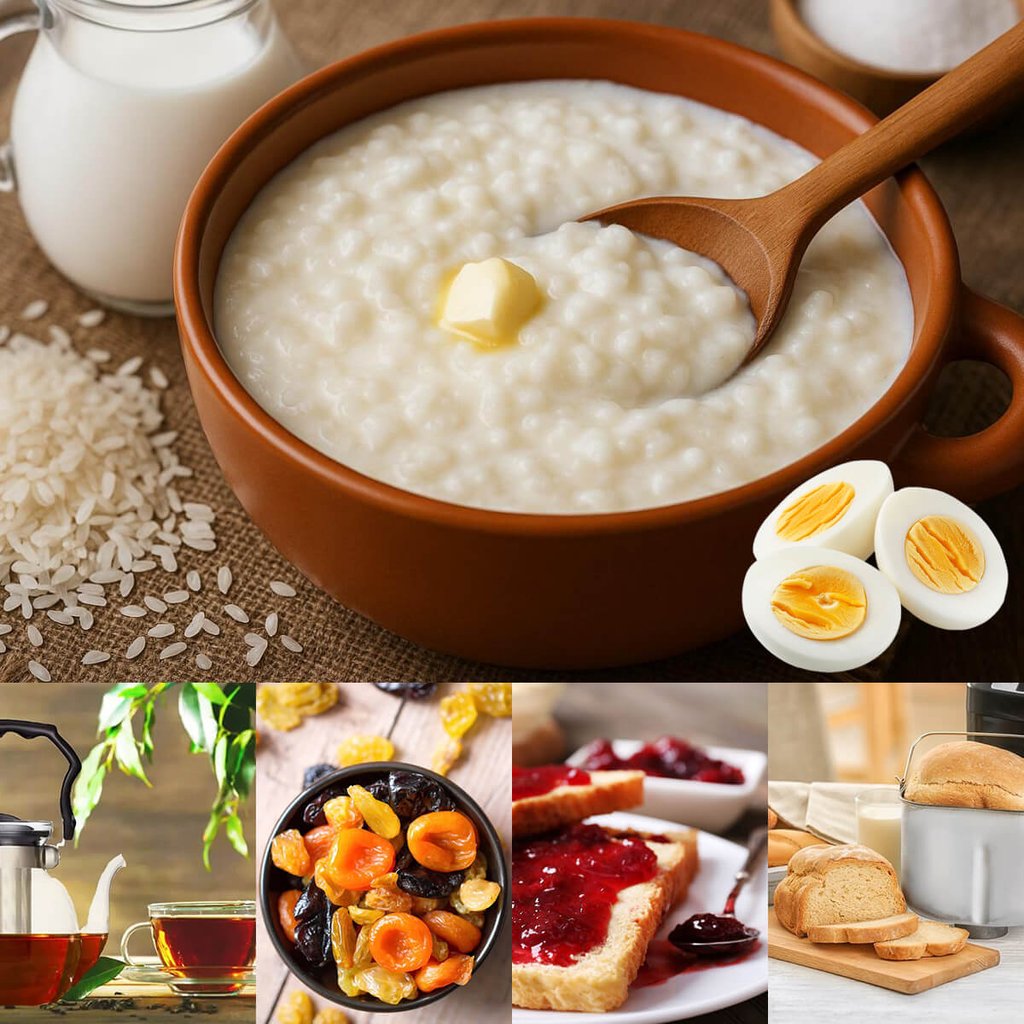 Breakfast 2: Rice porridge, two boiled eggs, homemade bread, tea, sweets - Завтрак 2: Рисовая каша, два вареных яйца, домашний хлеб, чай, сладости
