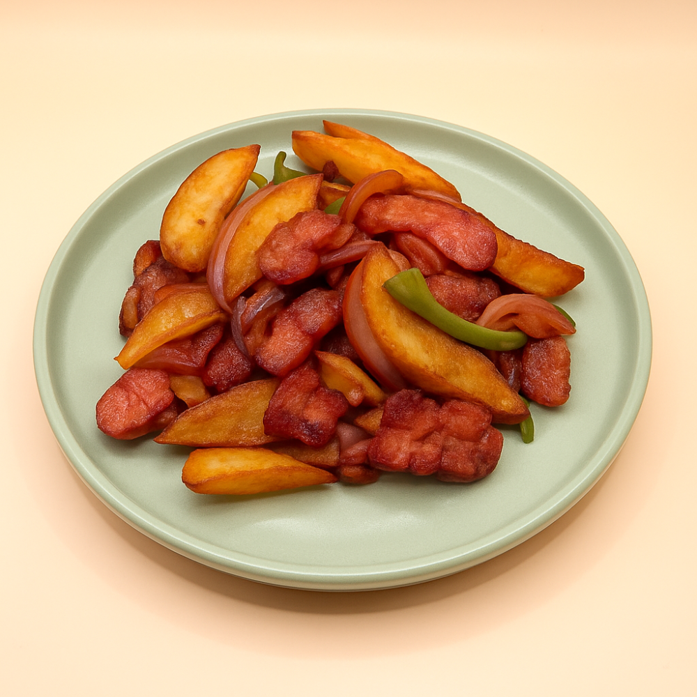 Картопля по-селянські зі смаженими беконом