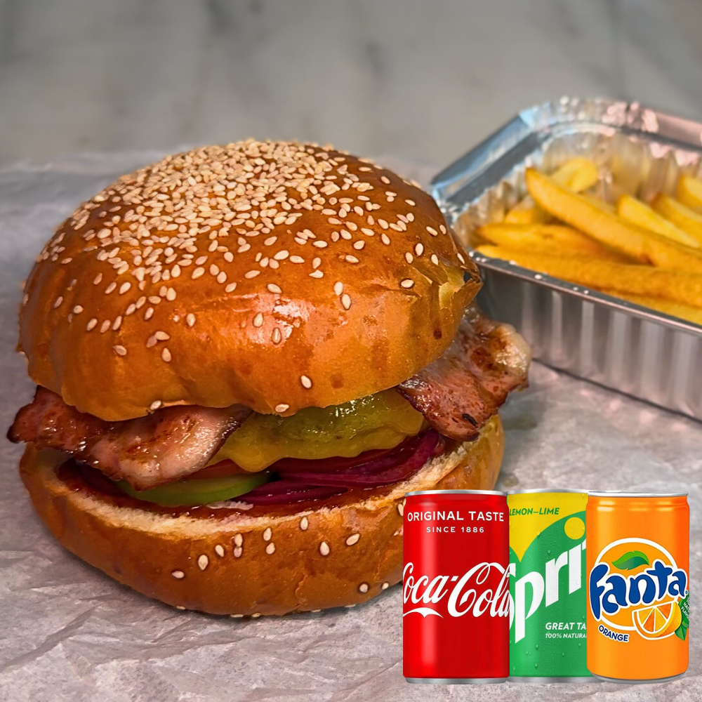 Beef Burger + Soda 150ml Free (Говяжий бургер с картофелем фри + любой из напитков бесплатно)