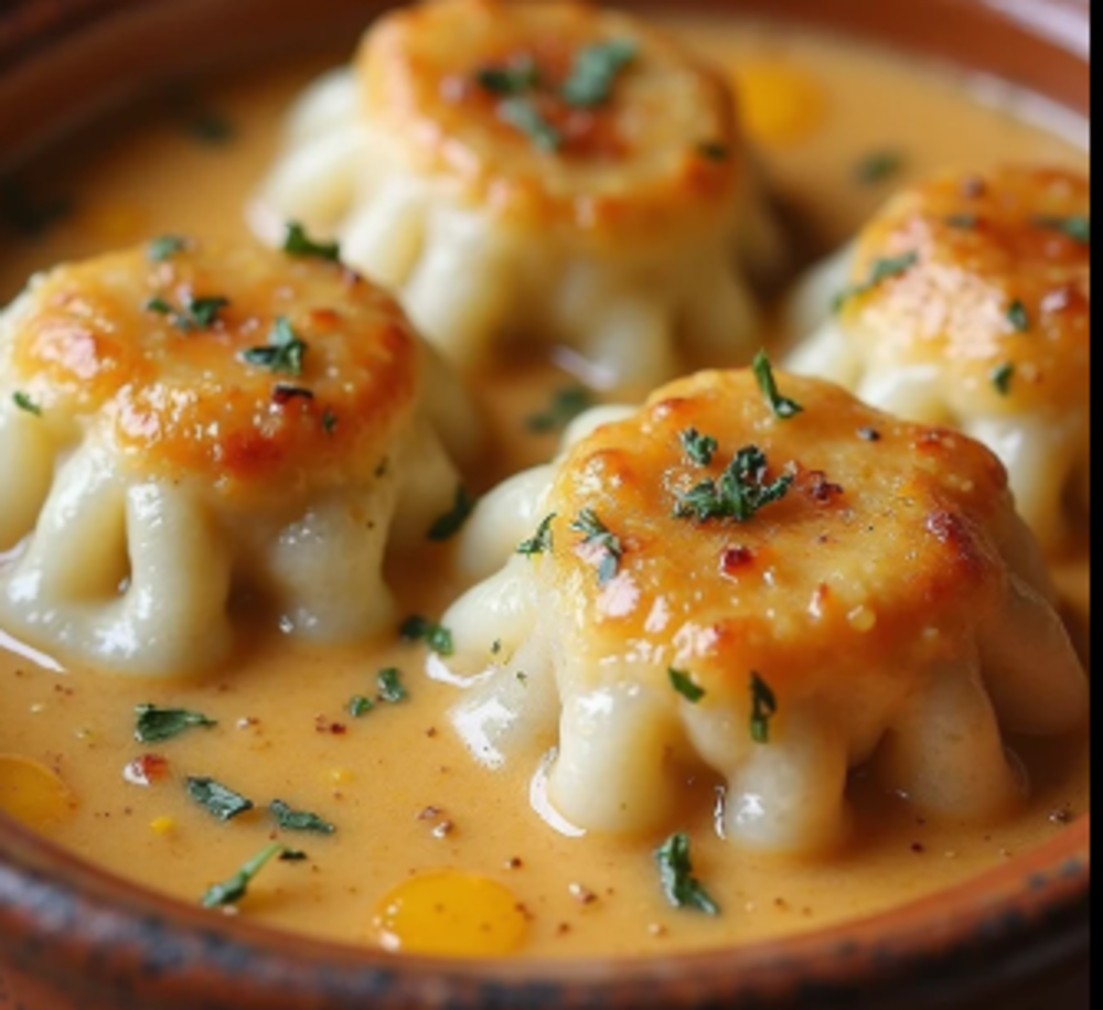 Пельмені в горшочку під сиром та вершковим соусом