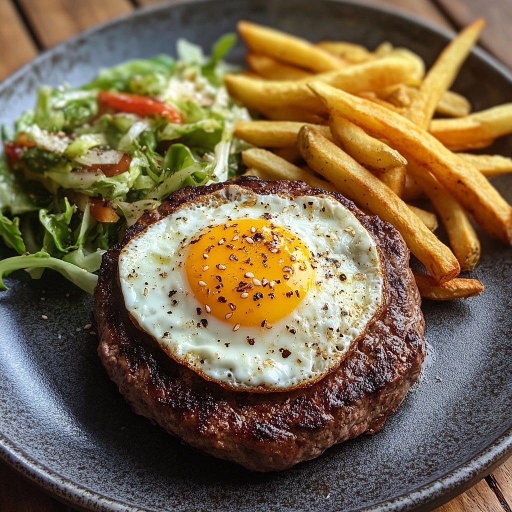 Біфштекс з яйцем та картоплею фрі