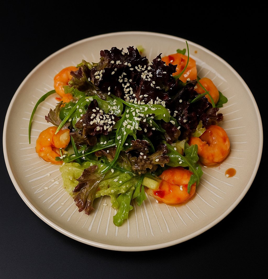 Салат з креветками, руколою та авокадо