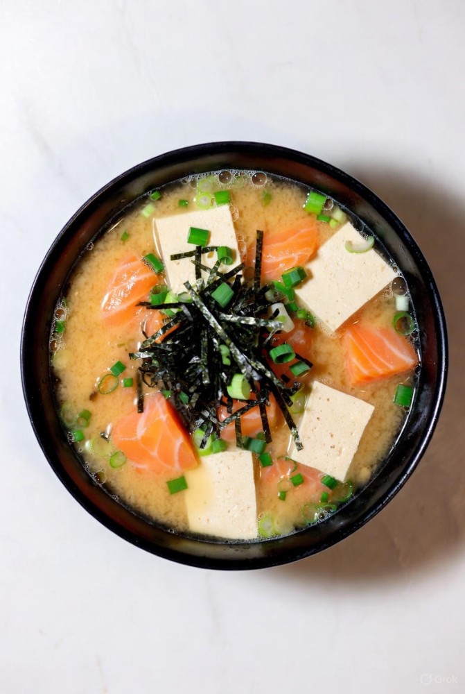 Місо-суп з лососем грибами шиітаке та тофу