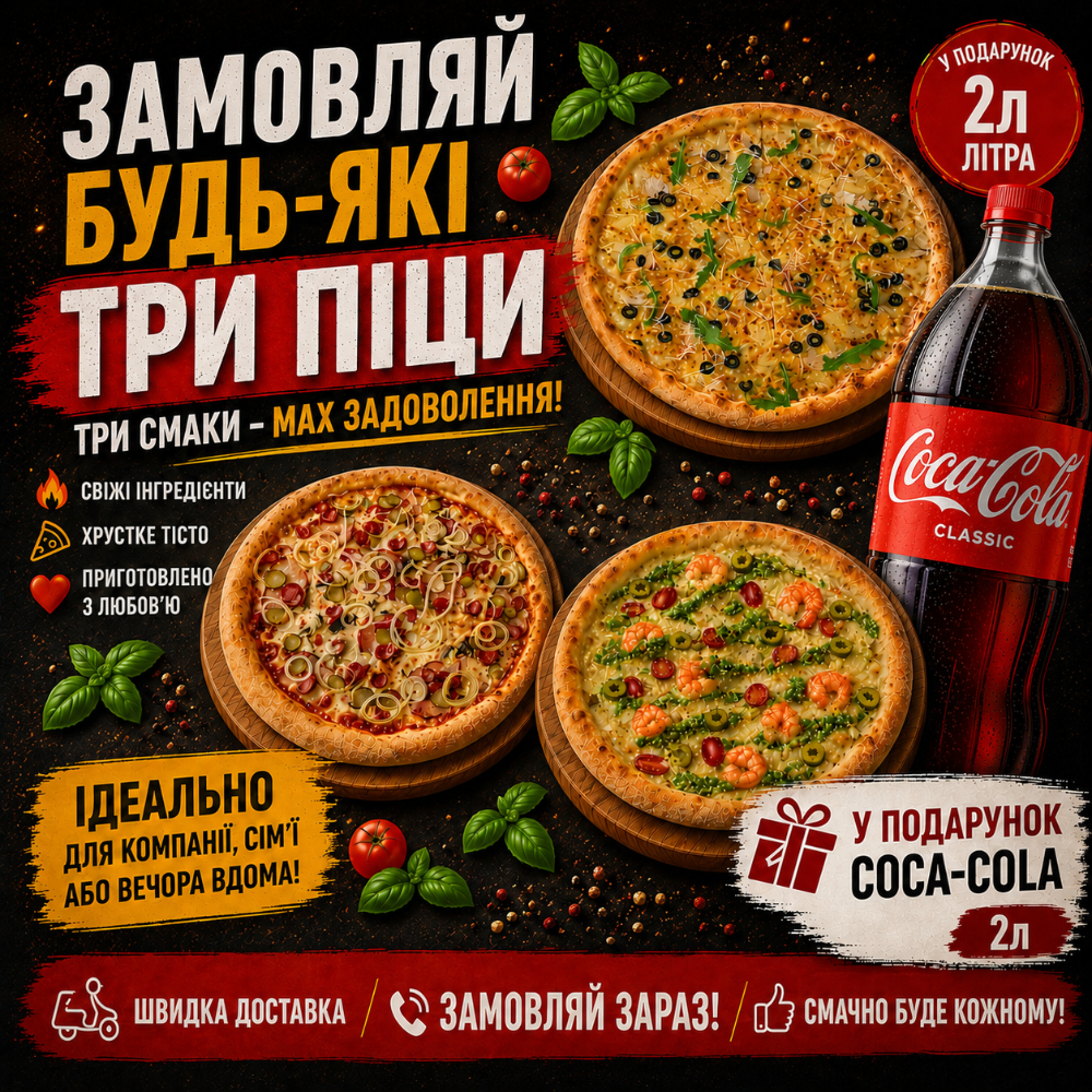 3 Піци + Кока-кола 2 л у ПОДАРУНОК