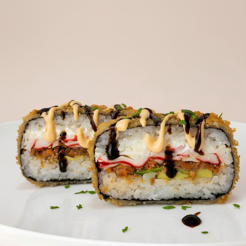 Суші-бургер з печеним лососем та крабом