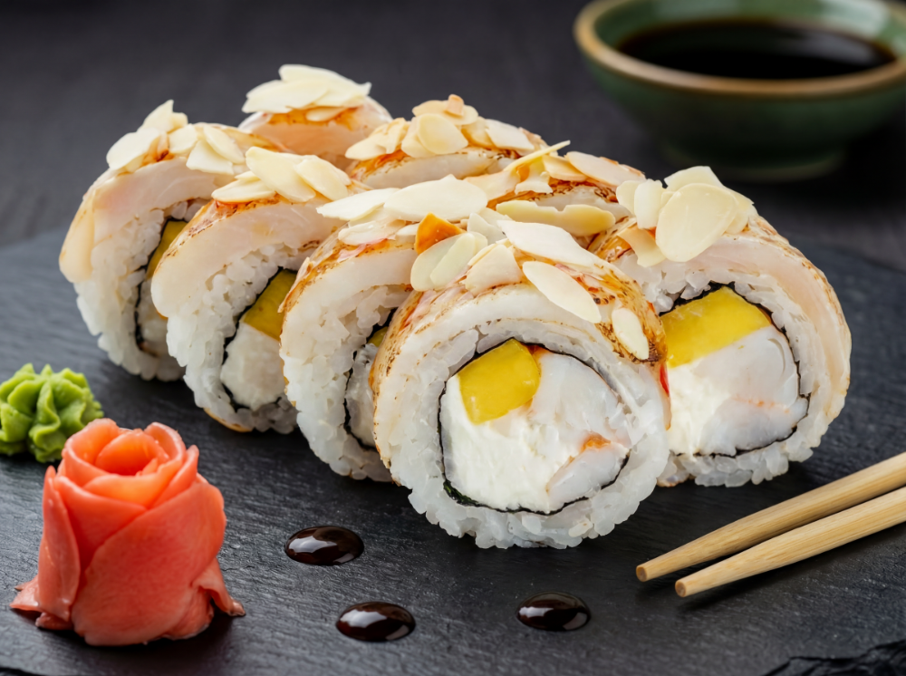 Обсмажений окунь з персиком