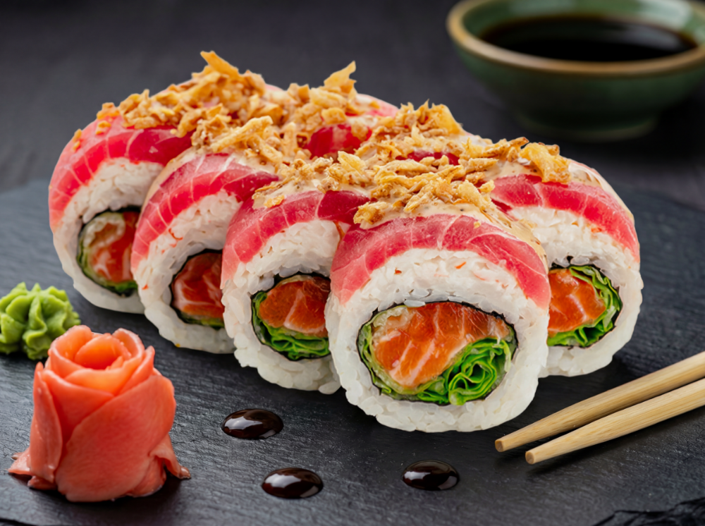 Рол в тунці з лососем и кранч цибулею