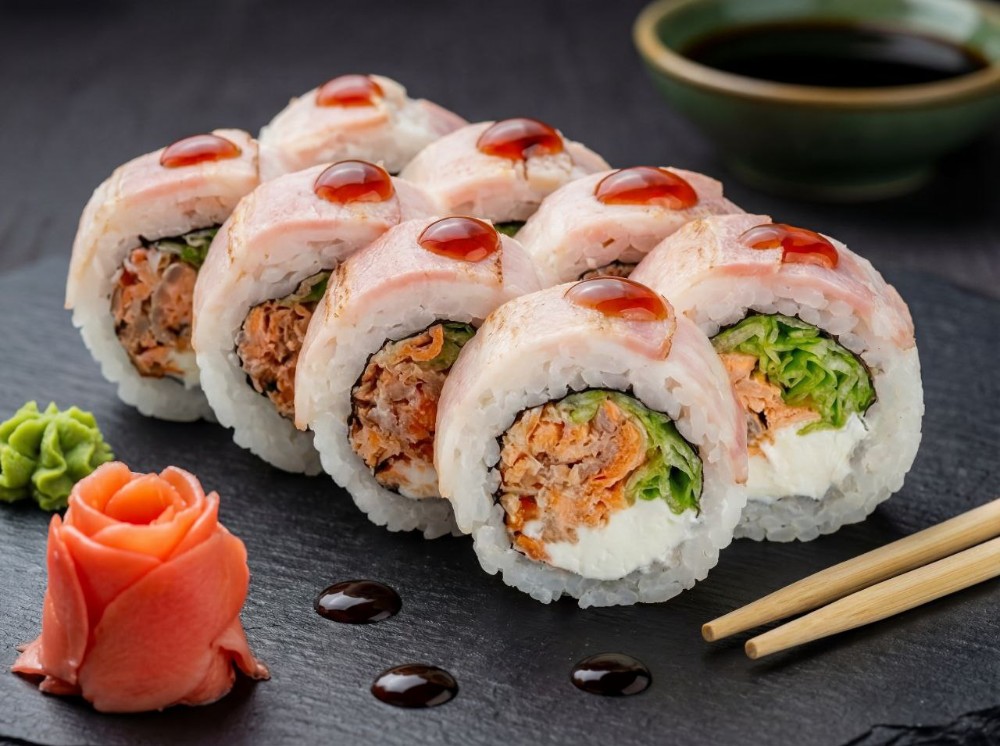 Рол з беконом і лососем теріякі