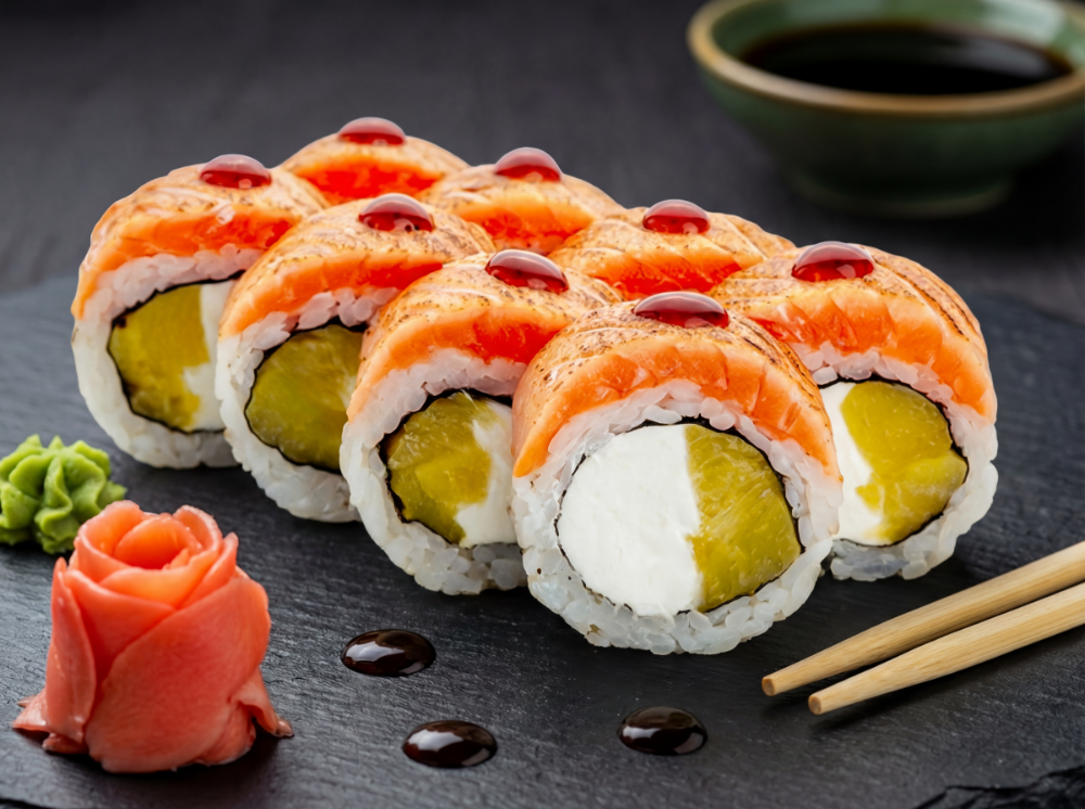 Рол в обпаленому лососі з персиком