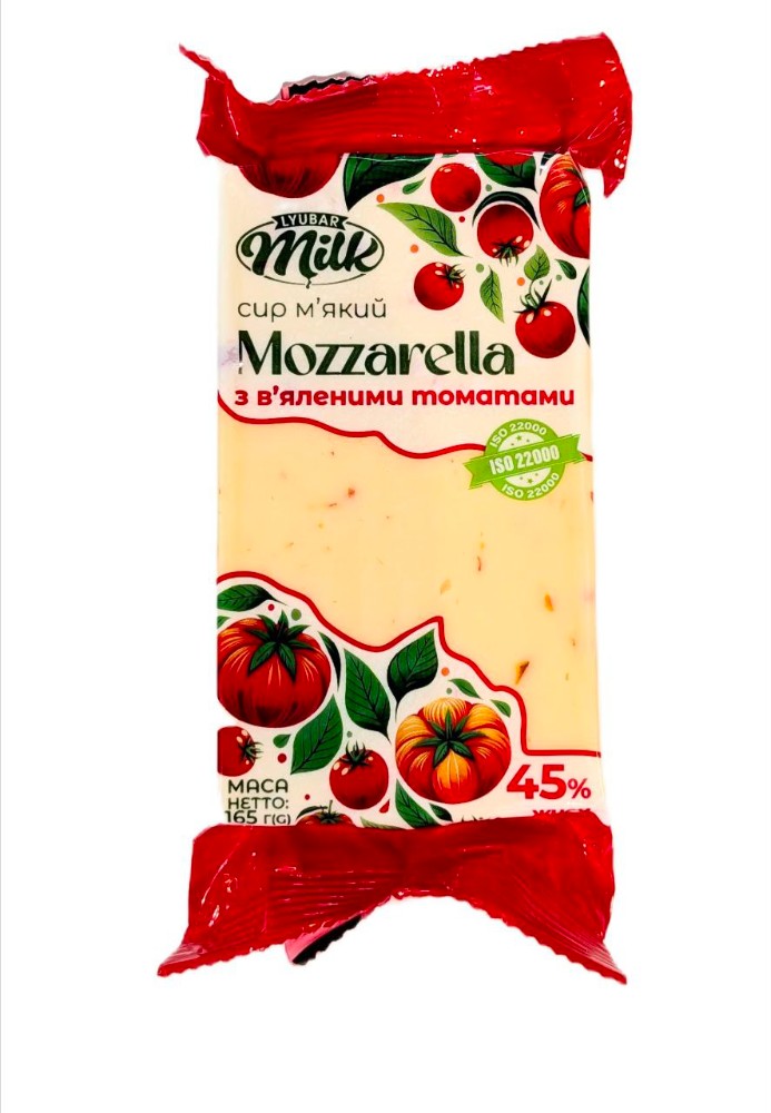 Сир м'який Mozzarella 45% з в'яленими томатоми 165г ТМ Любар Млілк