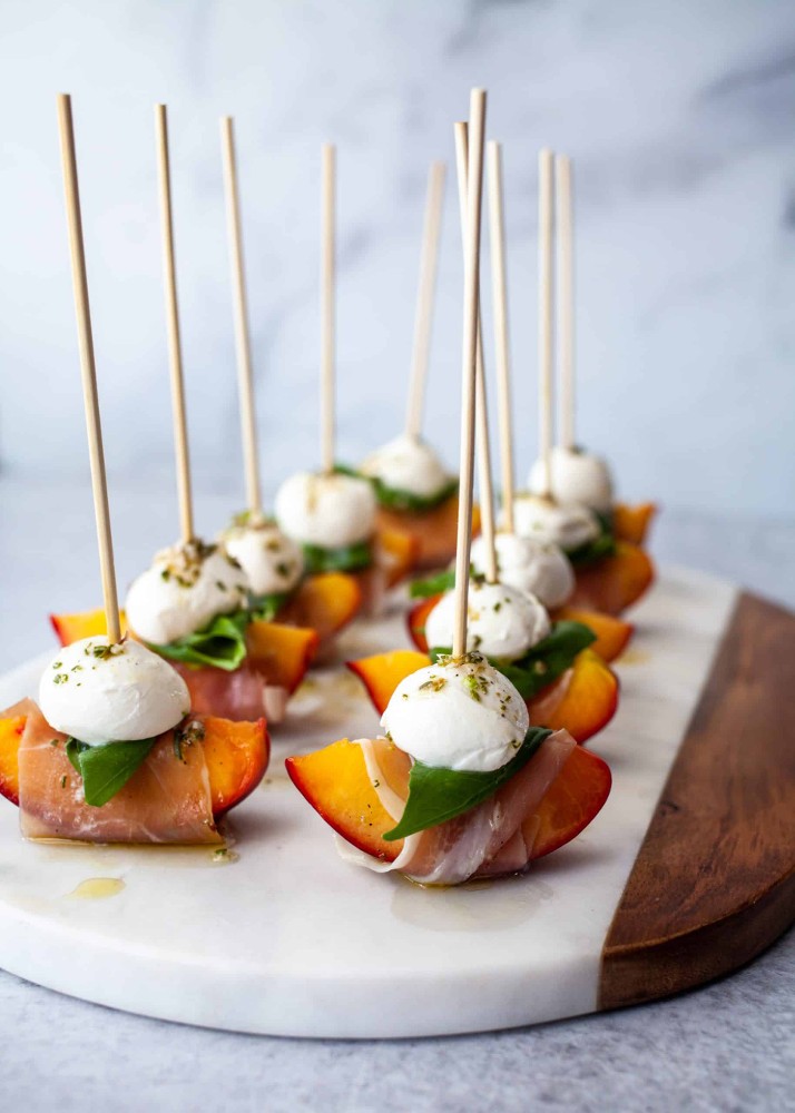 Smoked Turkey Ham, Buffalo Mosarella and Fresh Peach Canape