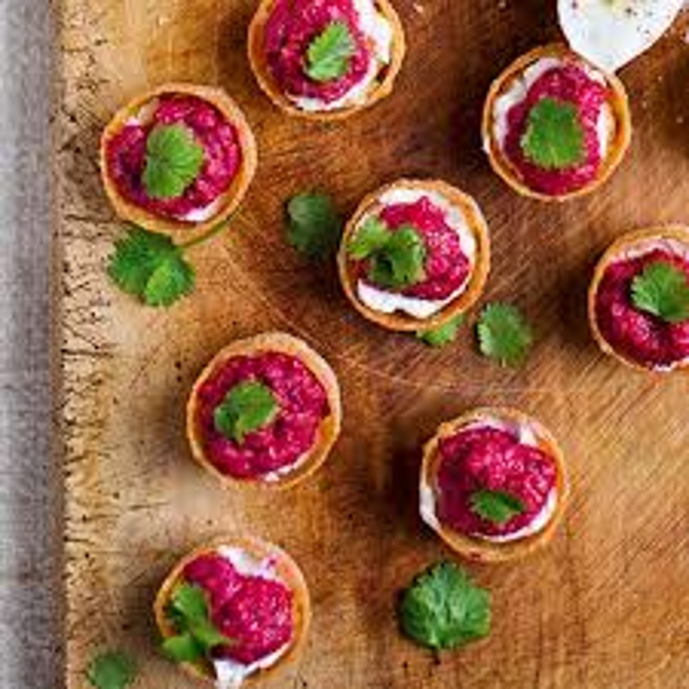 Beetroot blinis with garlicky buffalo canape 