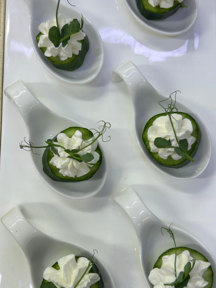 Cucumber Cream Cheese and Microgreen on a White Spoon Canapes 