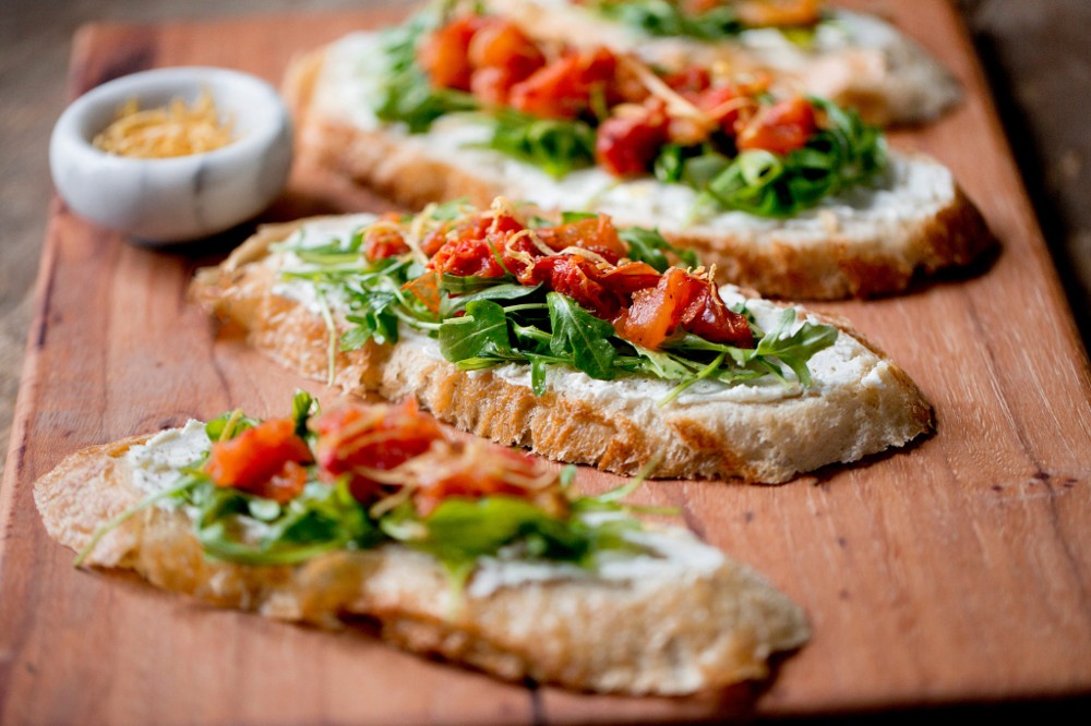 Roasted Tomatoes and Whipped Feta Cheese on Toast