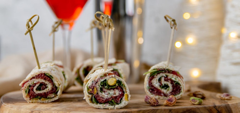 Carpaccio Tortilla Rolls with Pistachio and Arugula