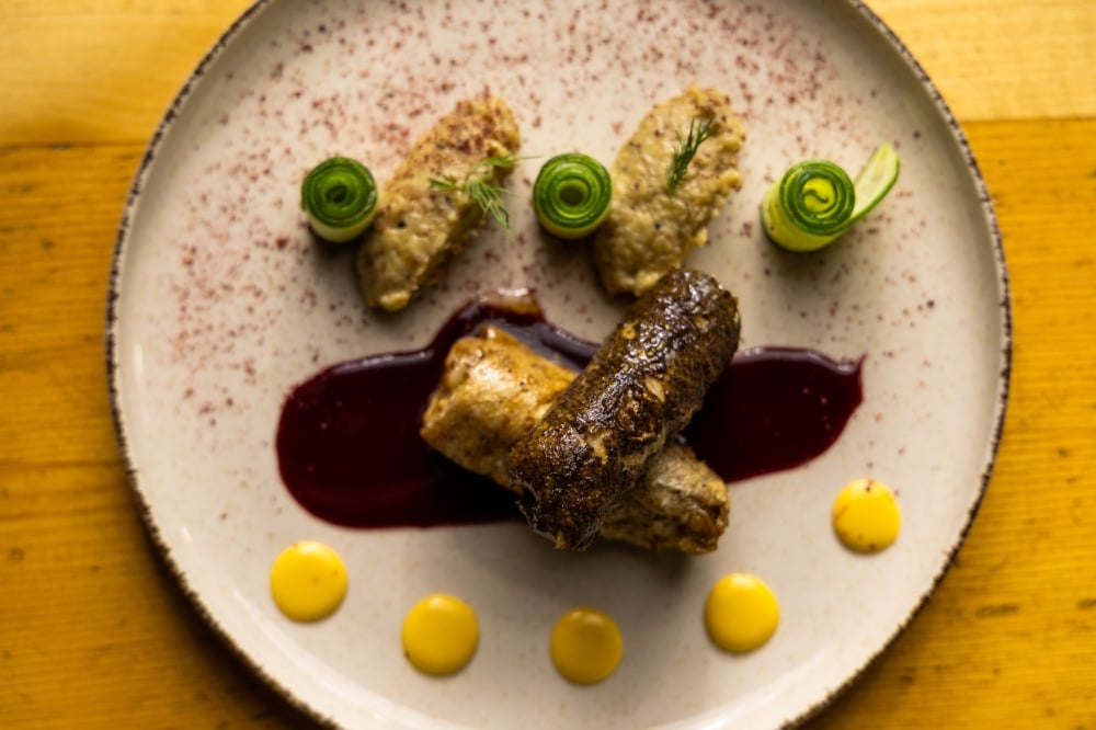 Fish roulette with baba ganoush