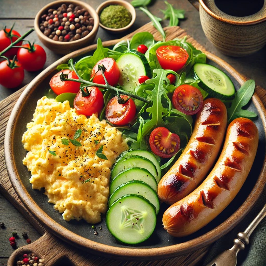 Сливочный скрэмбл с колбасками и свежим салатом