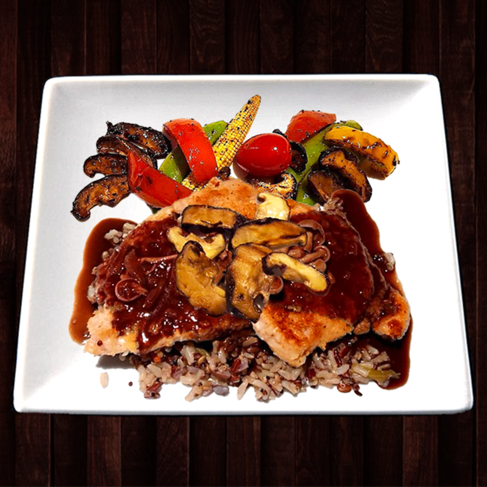 Grilled Pork w/ Red Wine Shiitake Sauce on Wild Rice
