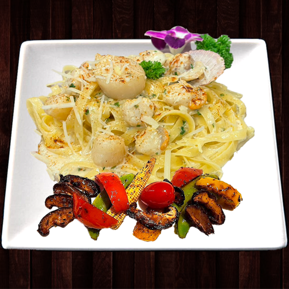 Grilled Sea Scallop  on Noodles w/ Lemon Cream Sauce