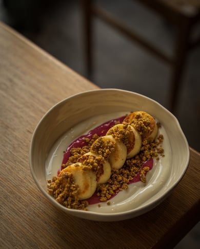 Syrniki with raspberry condensed milk