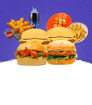 PROMO FIESTA CHICKEN 4 HAMBURGUESAS + PAPAS + CHICKEN POPS + TEQUEÑOS + REFRESCO 1 L