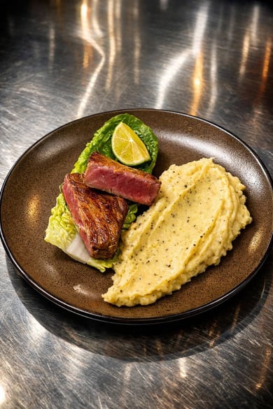 Стейк із тунця з трюфельним пюре