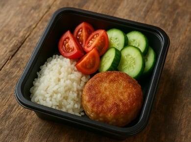 Lunch Box 1 (Boiled rice with chicken cutlets, tomatoes, cucumbers) - Ланч-бокс 1 (отварной рис с куриными котлетами и салатом из квашеной капусты)