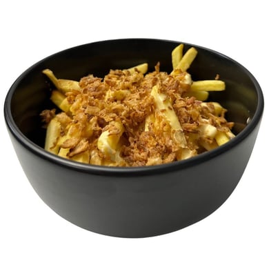 Картопля фрі з соусом і цибулевим кранчем